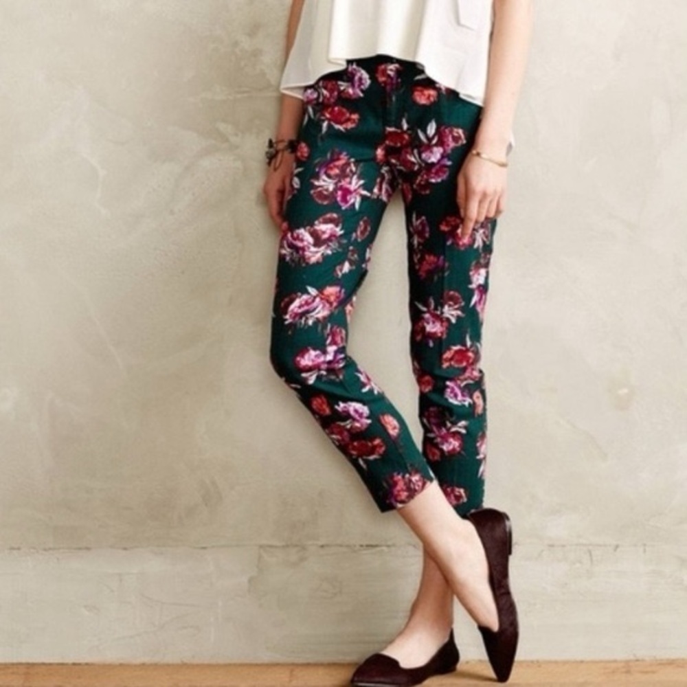 Anthropologie Cartonnier Charlie Ankle Floral Green Cotton Cropped Pants EUC 10